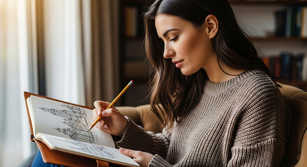 Young woman drawing a building design in her sketchbook while sitting near a window in her home showcasing her artistic talent