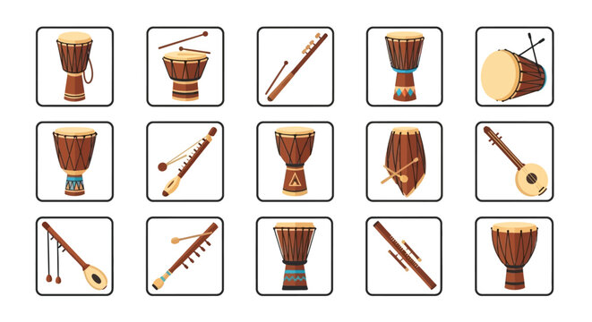 African musical instruments icons set.