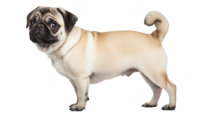A playful pug dog stands confidently in a studio setting. its adorable features and rounded body. with a neutral background emphasizing its charm and personality