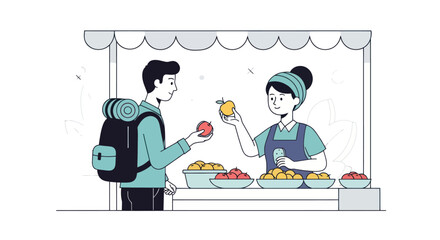 Man with backpack buying fresh fruit from a female vendor at a market stall.