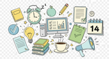 Doodle art illustration portraying productivity time management and goal setting for business