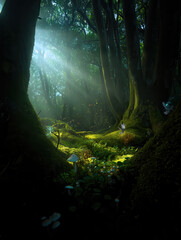Magical forest clearing with sunbeams filtering through dense trees and lush greenery