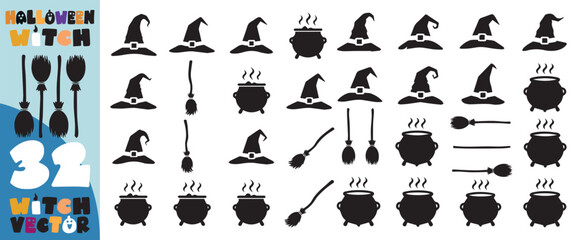 Collection of halloween silhouettes featuring witch hats cauldrons and brooms for festive decorations and designs