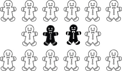 Set of fifteen gingerbread man illustrations with black and white variations, arranged in rows, ideal for festive and design themes
