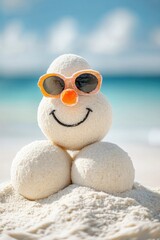 Tropical snowmen fun on palm beach: sand figures with carrot noses and sunglasses