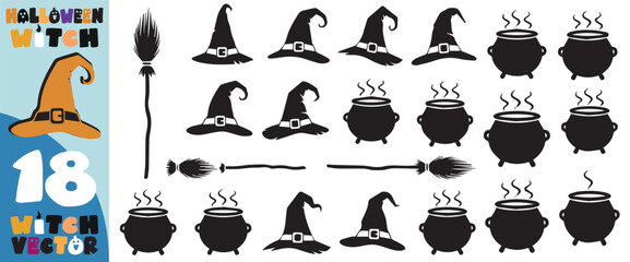 Collection of spooky halloween icons featuring witch hats cauldrons and broomsticks in silhouette for festive decoration and design