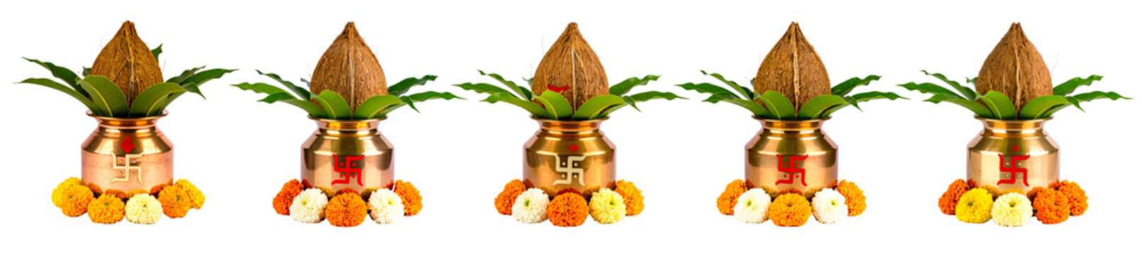 PNG Copper kalash pot with coconut, mango leaves, marigold flowers and red Swastik for Indian puja and rituals, element set on transparent background