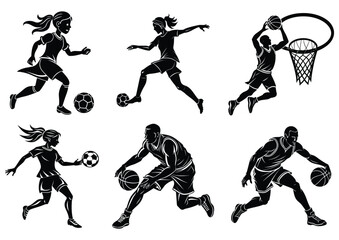 Female Soccer Player Silhouette Vector Set – Women Football Action Poses
