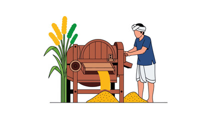 Indian farmer using a traditional wooden corn thresher machine. © Alienmarsh