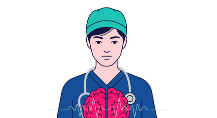 Illustration of a male doctor with a brain and heartbeat symbol.