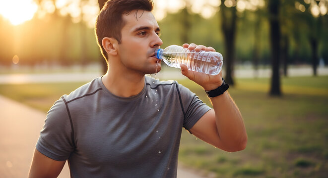 Hydrated athlete drinks water during his workout in the park backlit by the rising sun during his morning exercises