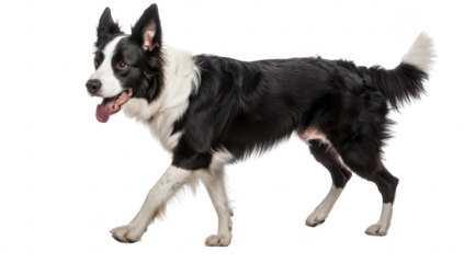 A playful black and white border collie joyfully trotting across a bright. clean background. its agility and friendly demeanor. ideal for pet-related content and animal lovers