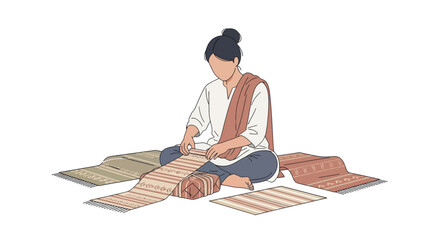Hand drawn illustration of a woman weaving traditional mats.