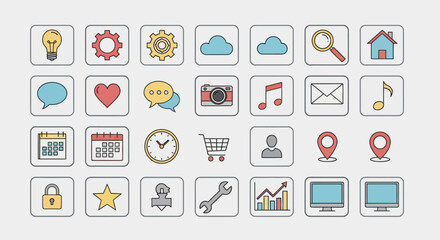 Collection of Colorful Hand Drawn Web and Application Icons.