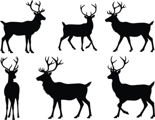 Vector illustration of deer silhouettes with large antlers standing and walking, wild animal shapes for nature, wildlife, hunting, and forest design.
