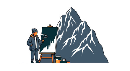 An artist in winter clothes painting a majestic mountain landscape. © Alienmarsh