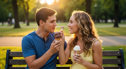 Couple enjoys ice cream together in sunlit park sharing a sweet moment on a bench creating happy summer memories