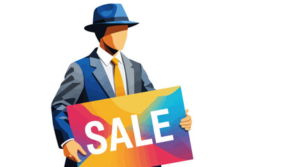 Stylish man in a suit and fedora holding a colorful sale sign.