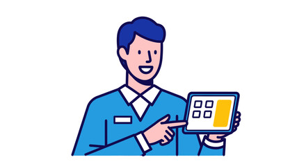 Young professional man pointing at a tablet screen display.