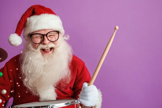 Joyful santa claus drumming in festive holiday cheer on a vibrant purple background