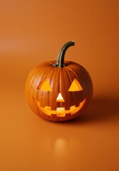 Carved Pumpkin with Candle Light on Orange Background, Top View