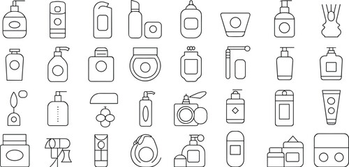 Cosmetic packaging icons, personal care containers, lotion bottles, spray jars, shampoo tubes, black white line set, minimalist vector design