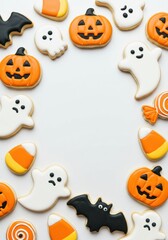 Halloween Cookies in Ghost and Bat Shapes on White Background
