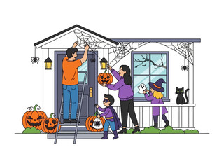Spooky Halloween House: A family decorates their home with spooky decorations for Halloween. Featuring jack-o'-lanterns, webs, and the spirit of the season.