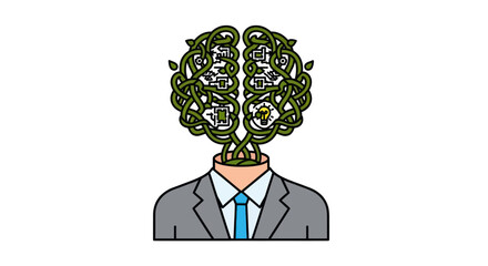 Conceptual illustration of a businessman with a tangled vine brain.