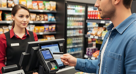 Customer Paying at Checkout : A customer uses a credit card to pay at a modern checkout assisted by a friendly cashier in a convenience store