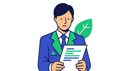 Businessman holding a report with an environmental theme illustration.