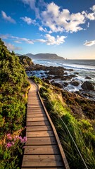 Obraz premium Coastal boardwalk path at sunset