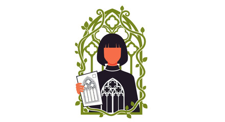Stylized Illustration of a Gothic Architect Holding a Blueprint.