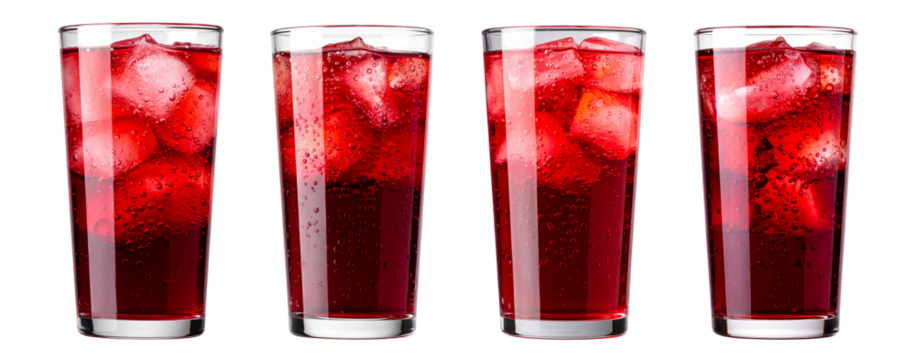 PNG Tall clear glass of red sparkling drink with ice cubes and bubbles, element set on transparent background