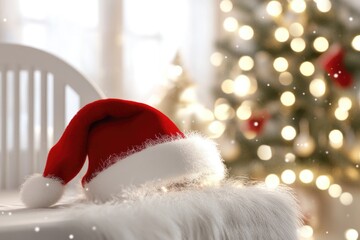 Fototapeta premium Cozy holiday scene with santa hat on knit blanket amid warm christmas lights