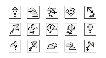 Fototapeta premium Collection of kites, clouds, and balloons, various designs, outlined icons.