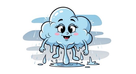 Cute cartoon cloud with happy face, raining, smiling, with raindrops and watery legs