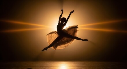 Silhouette of a graceful ballerina in mid-air, arms raised, against a glowing backdrop
