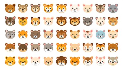 Cute animal faces in various colors