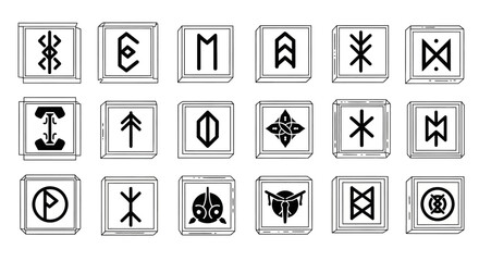 Collection of Norse Runes and Symbols in Square Frames.