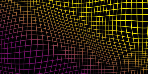 distorted grid with yellow to purple gradient on black background, abstract perspective