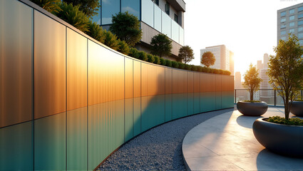 Gradient Glass-Tile Curved Wall on Urban Rooftop Garden