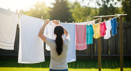 Woman hanging laundry on a clothesline in a sunny backyard Fresh air drying bright clothes Sustainable chore on a summer day