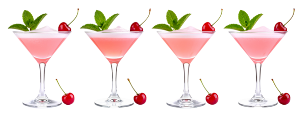 PNG Elegant pink cocktail with foam, cherry garnish, and mint leaves in a martini glass, element set on transparent background
