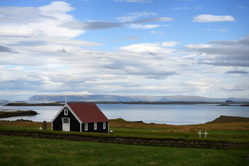 Bjarnarhofn church, Iceland, a small church by the sea