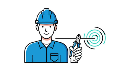 Cartoon tradesman with pliers near circular target