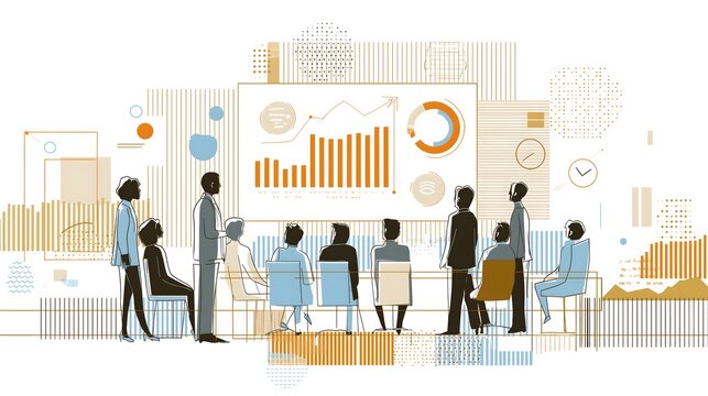 A diverse business team gathered in a conference room presenting data charts on a display in blue and gold flat vector style for corporate presentations - Powered by Adobe