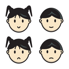 Cute boy and girl face vector set with different emotions including happy and sad. Simple cartoon illustration style, perfect for icons, avatars, emoji, kids graphics, education, and design projects.