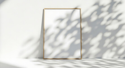Minimalist frame mockup with sunlight and leaf shadows on a white wall, perfect for artwork display
