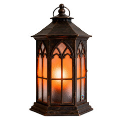Ornate Metal Lantern with Warm Light Glow: Gothic Design, Antique Finish, Interior Decor, Mood Lighting, Decorative Accent on White Background.